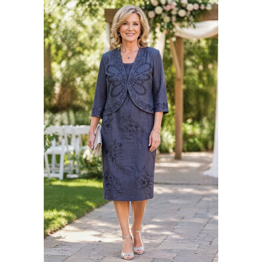 Ann Gerlin Navy Linen Embroidered 2 Piece Dress Set Sz 6 Mother of Bride Formal